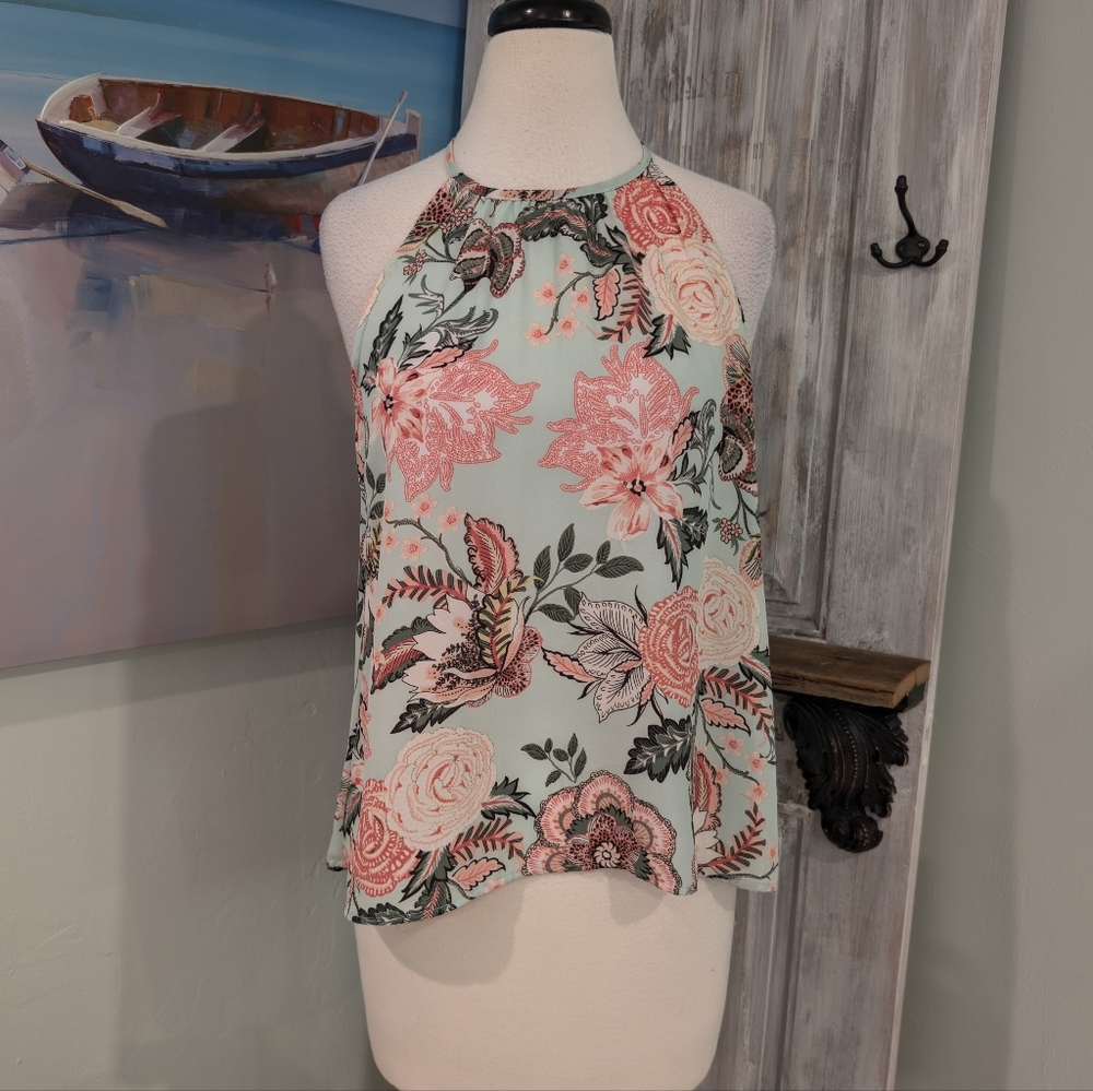 Chenault Mint and Pink Floral Halter Top